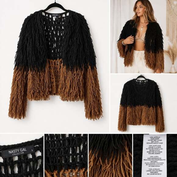 Nasty Gal Sweaters - Nasty Gal Collection Bad Romance Shaggy Fringe Cardigan Black Brown Size S